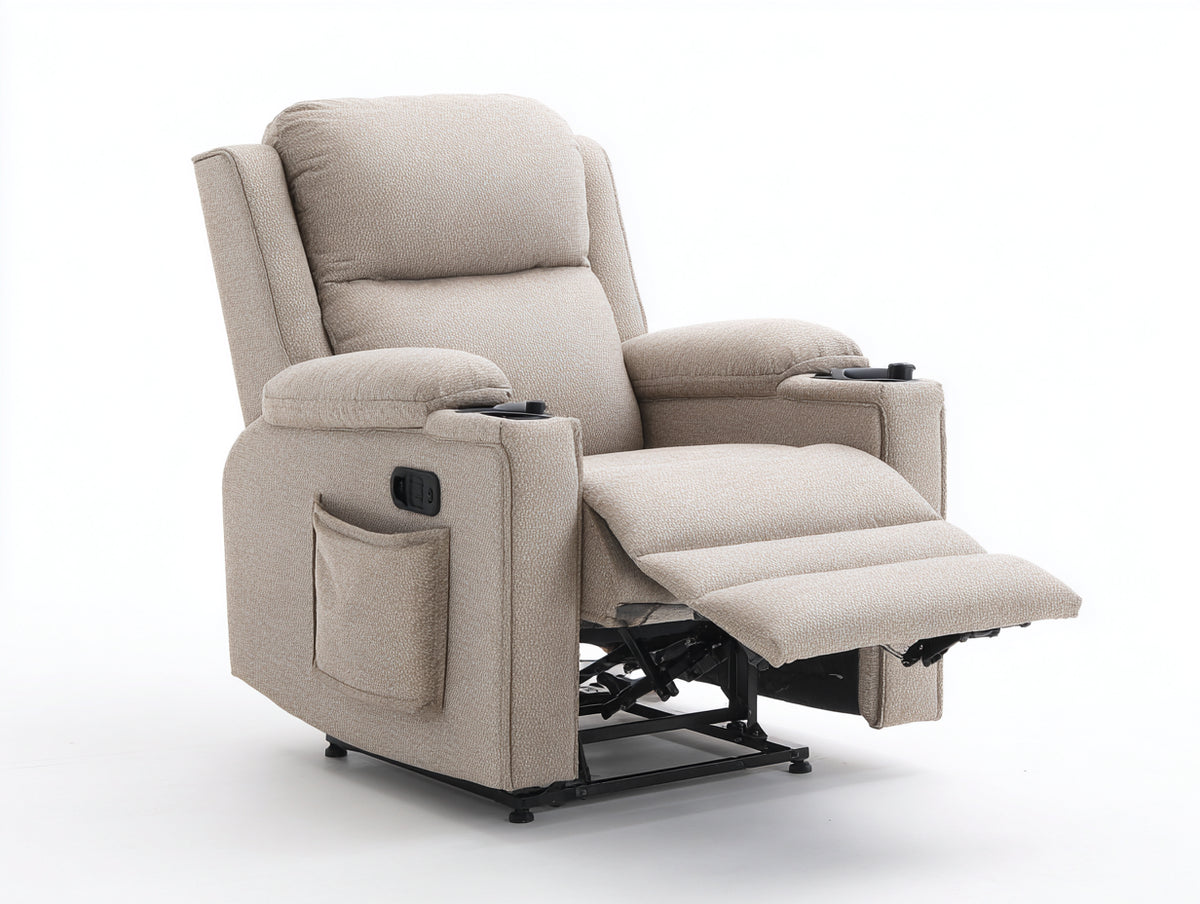Elektrischer Liegesessel mit Stoffbezug 96x92x108 cm - Beige - Verstellbare Rückenlehne mit Fußstütze und Getränkehaltern