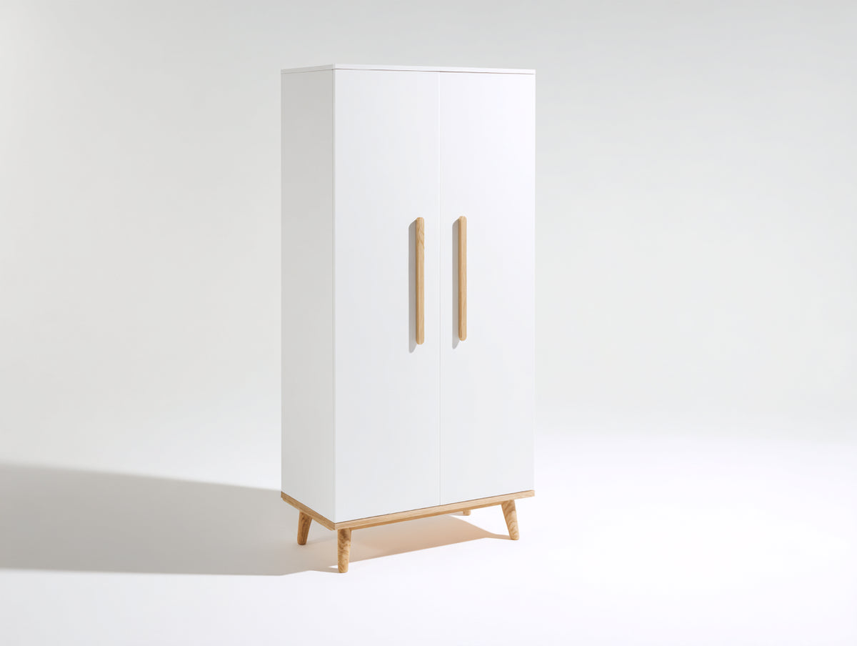Kleiderschrank Holz 90 x 50 x 180 cm - Weißes Design mit zwei Türen und Holzgriffen - Moderner Kleiderschrank für Schlafzimmer