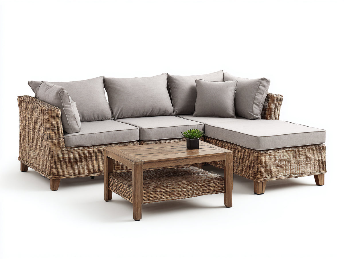 Gartensofa Set aus Rattangeflecht und Holz 250 x 180 x 78 cm - Naturbraun und Hellgrau - L-Form für Terrasse im Landhausstil