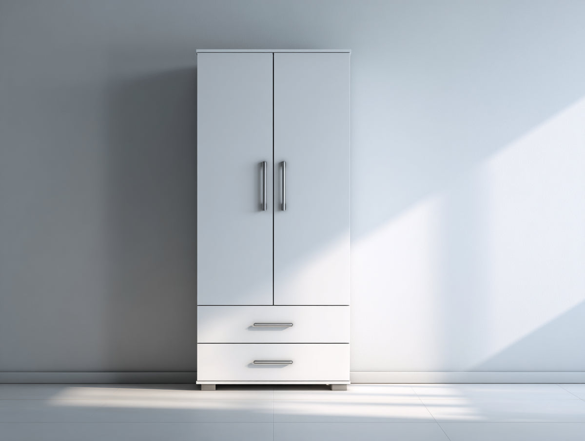 Kleiderschrank 80 x 50 x 180 cm - Weiß - Zweitürig mit 2 Schubladen und Metallgriffen