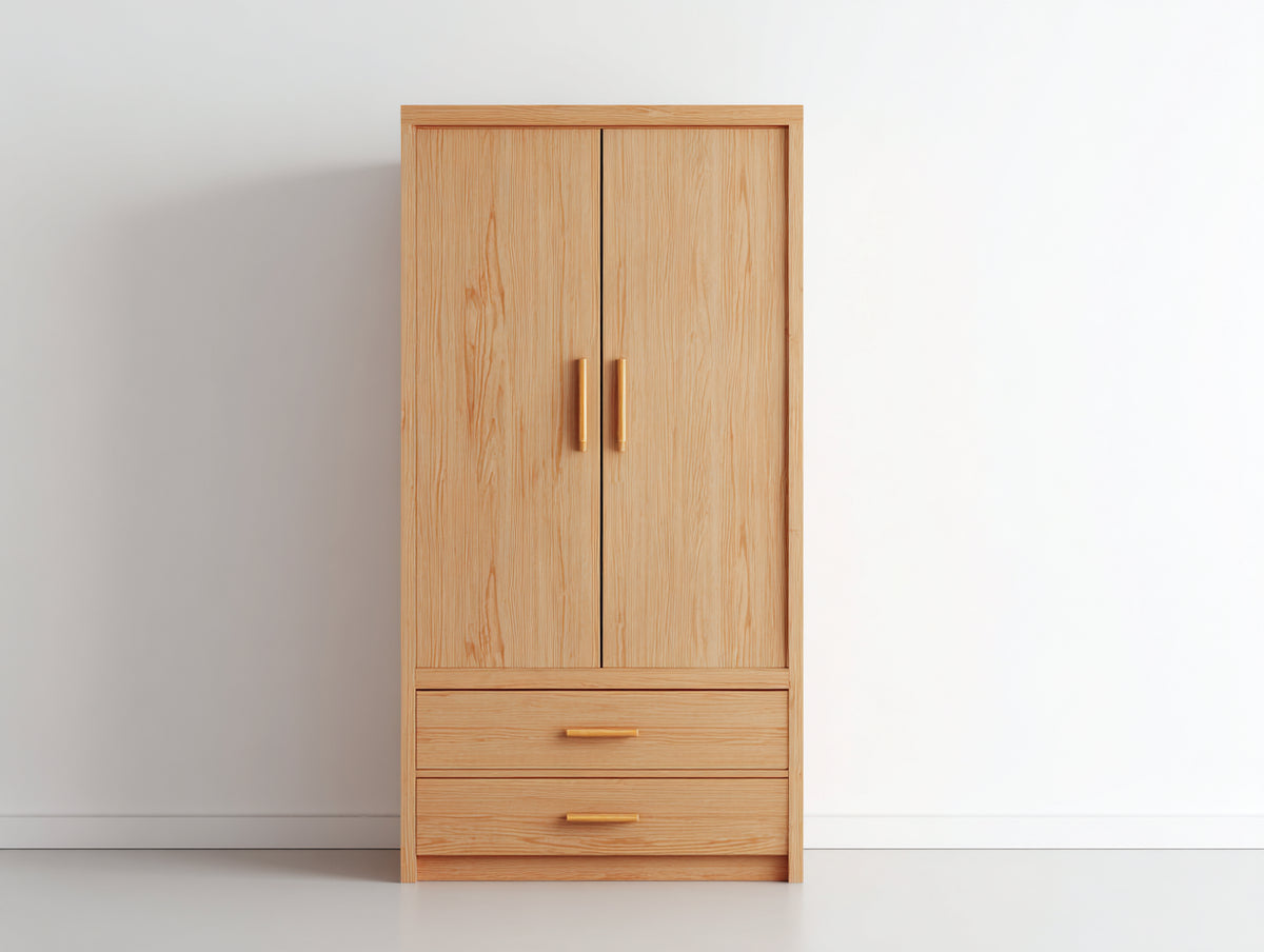 Kleiderschrank Holz 90 x 55 x 180 cm - Naturfarbenes Design mit zwei Türen und zwei Schubladen - Moderner Kleiderschrank für Schlafzimmer