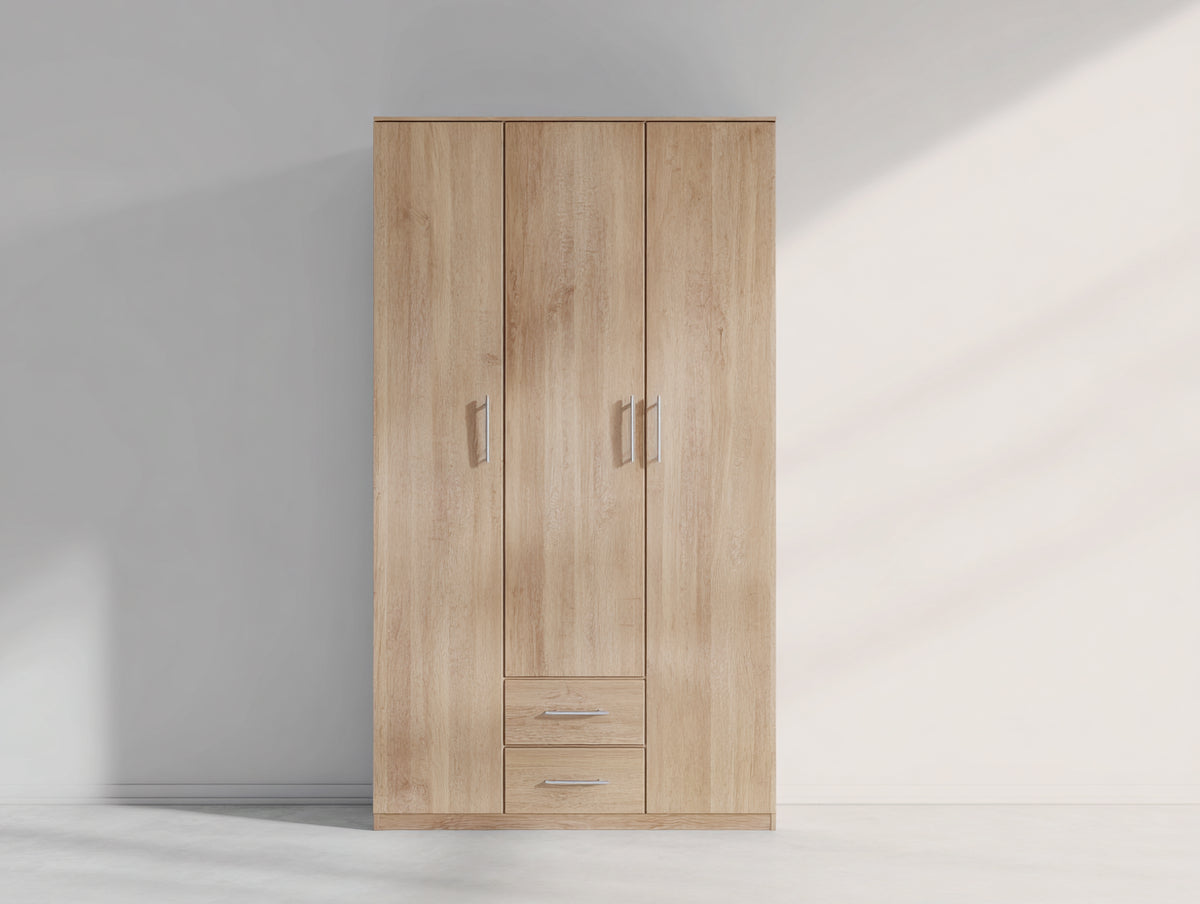 Kleiderschrank aus Holzwerkstoff 120x52x190 cm - Eiche Natur - 3 Türen und 2 Schubladen im modernen Design
